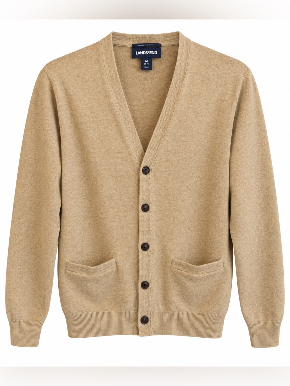 Lands’ End 100% Supima Cotton Button Down Cardigan Sweater Tan / Beige Medium